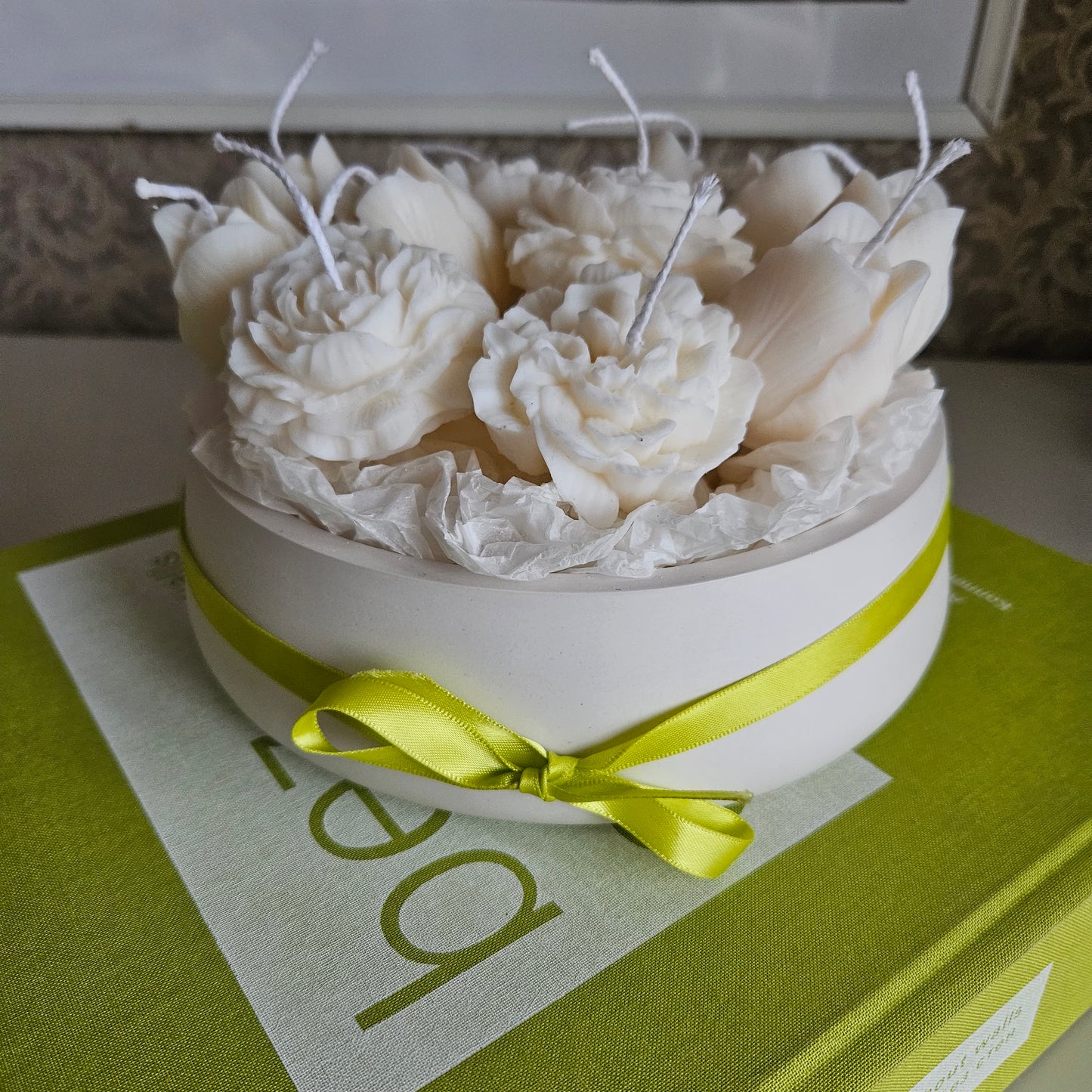 Candle flower bouquet in a plaster bowl peony, tulip and carnation
