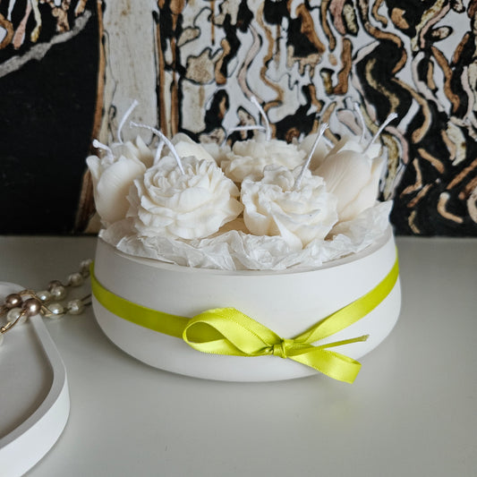 Candle flower bouquet in a plaster bowl peony, tulip and carnation