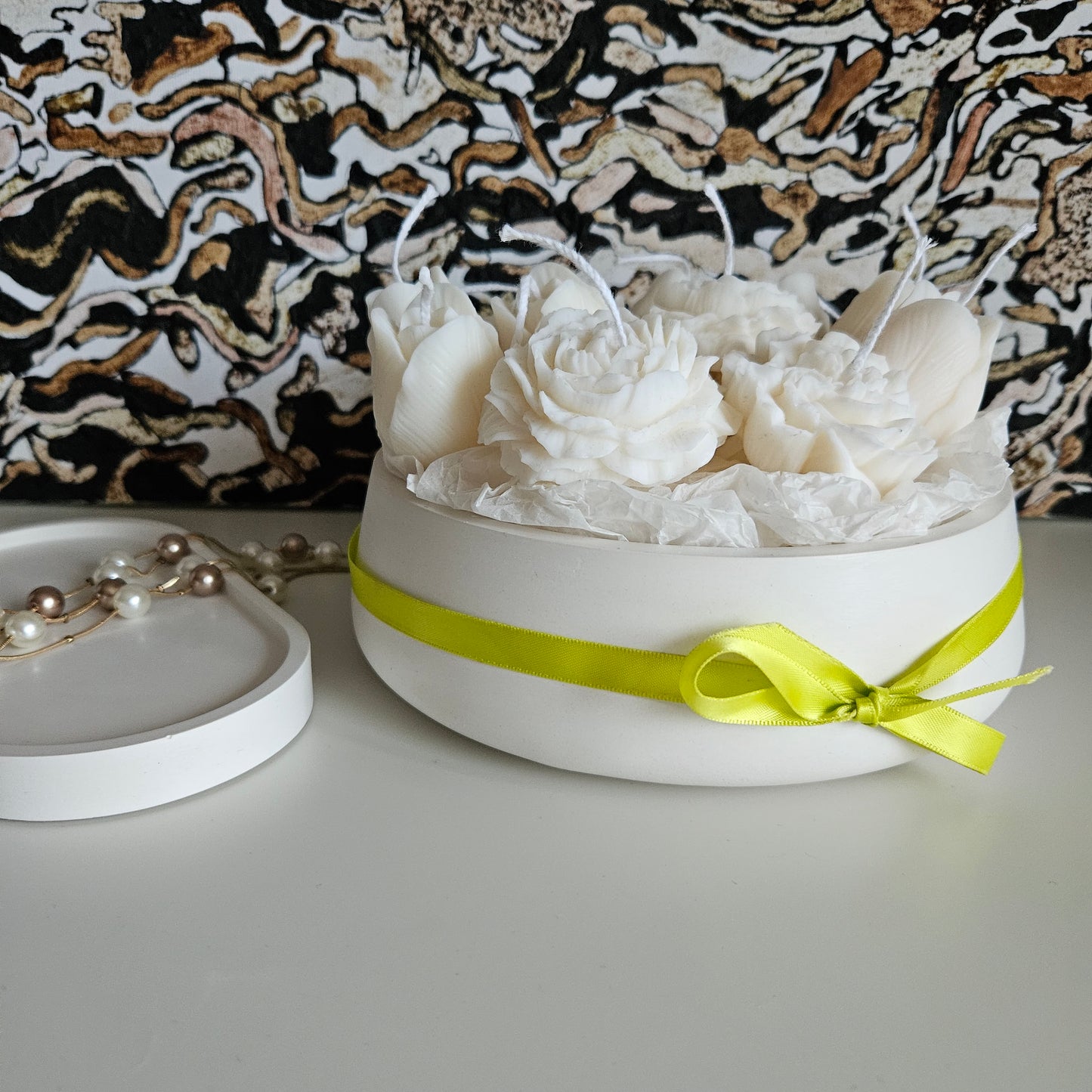 Candle flower bouquet in a plaster bowl peony, tulip and carnation