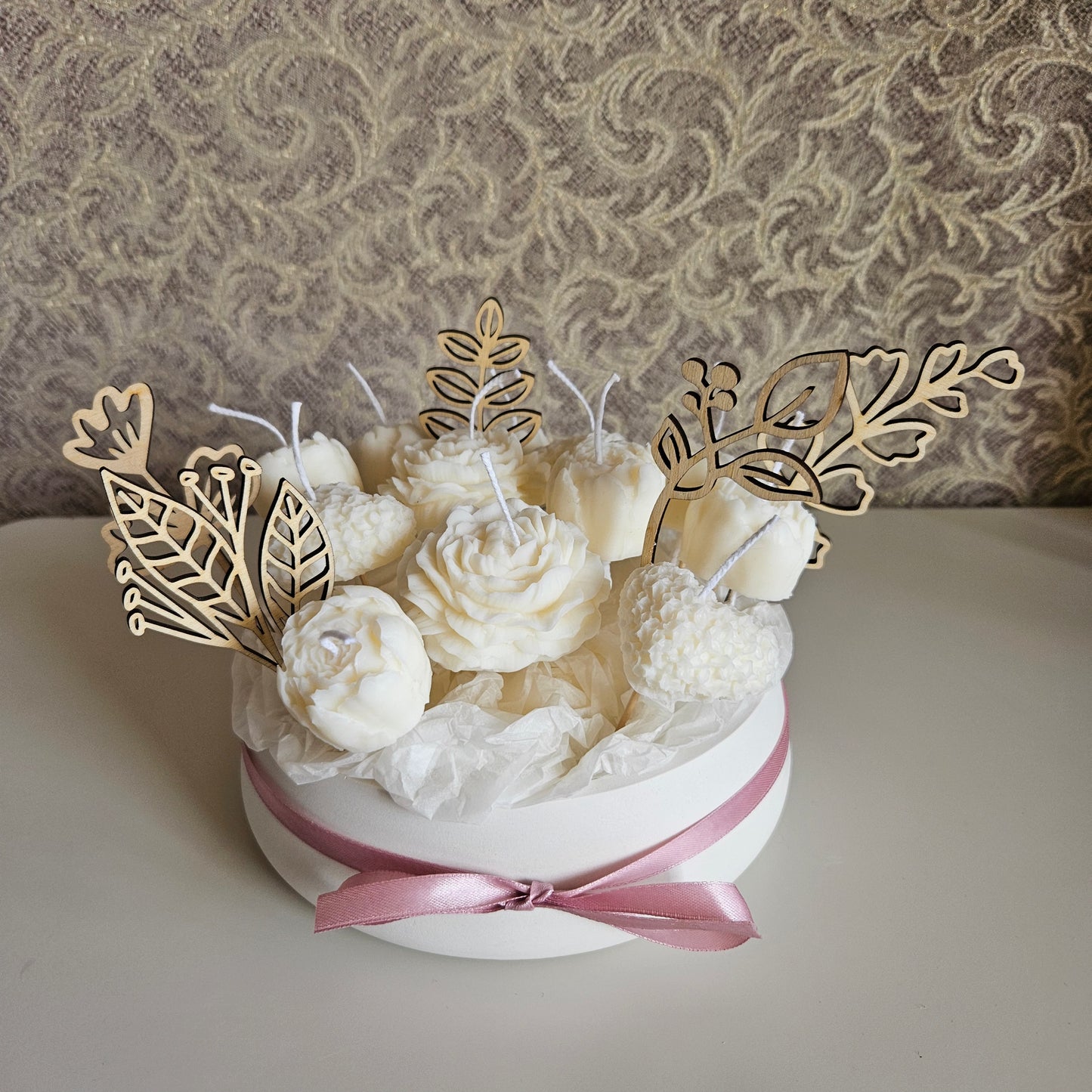Candle flower bouquet in a plaster bowl peony and heart
