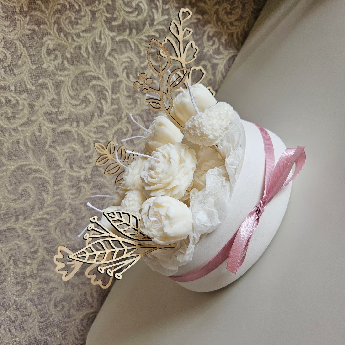 Candle flower bouquet in a plaster bowl peony and heart