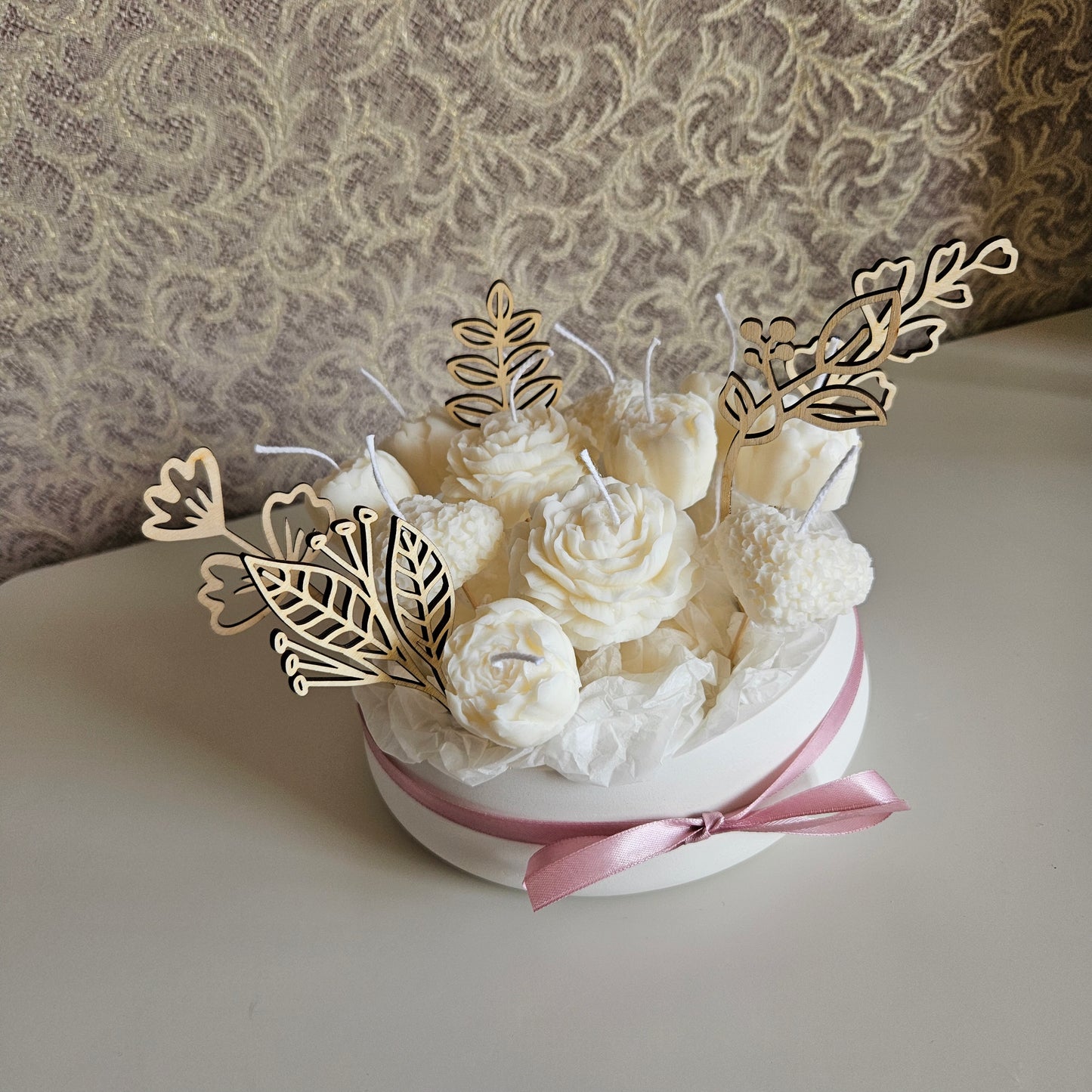 Candle flower bouquet in a plaster bowl peony and heart