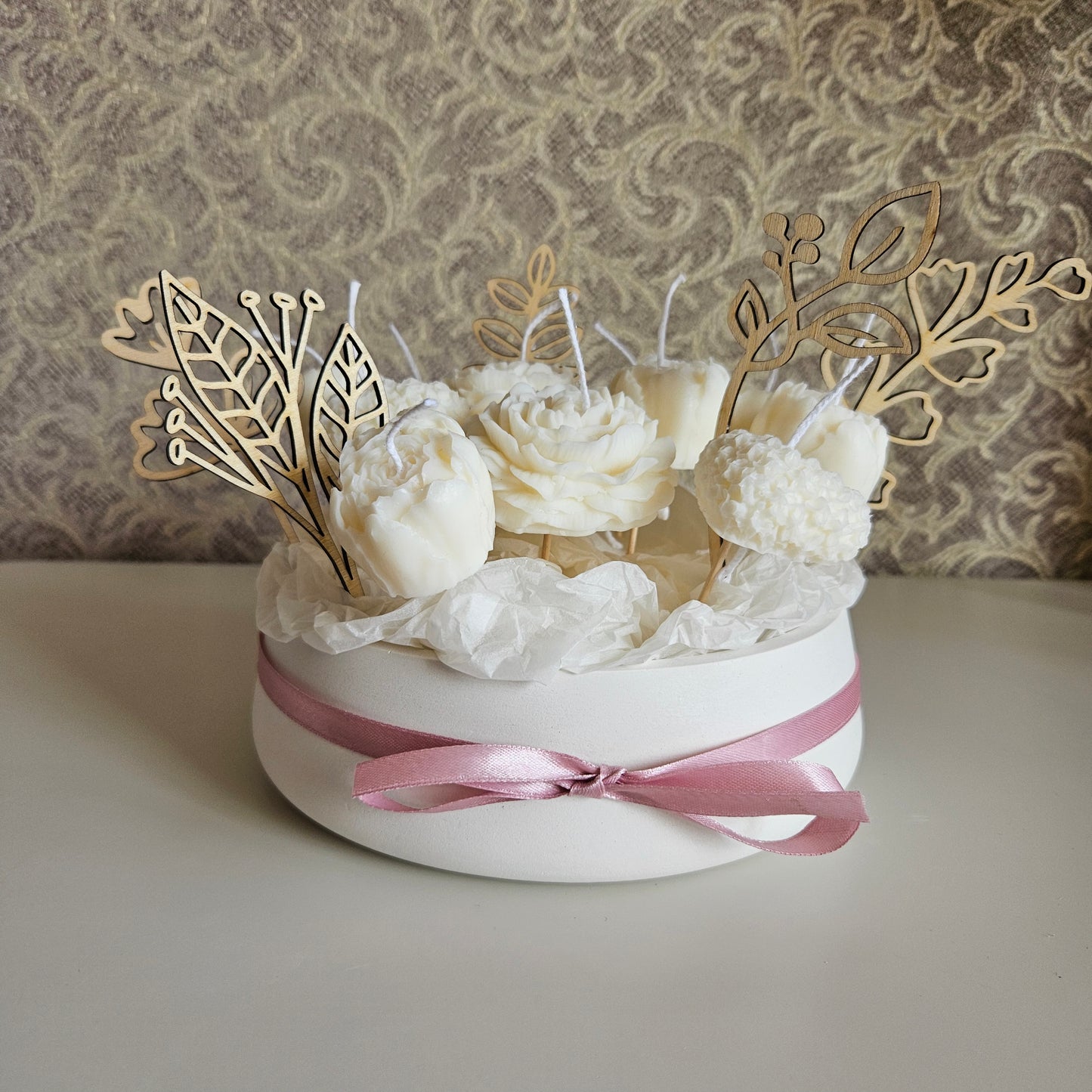 Candle flower bouquet in a plaster bowl peony and heart