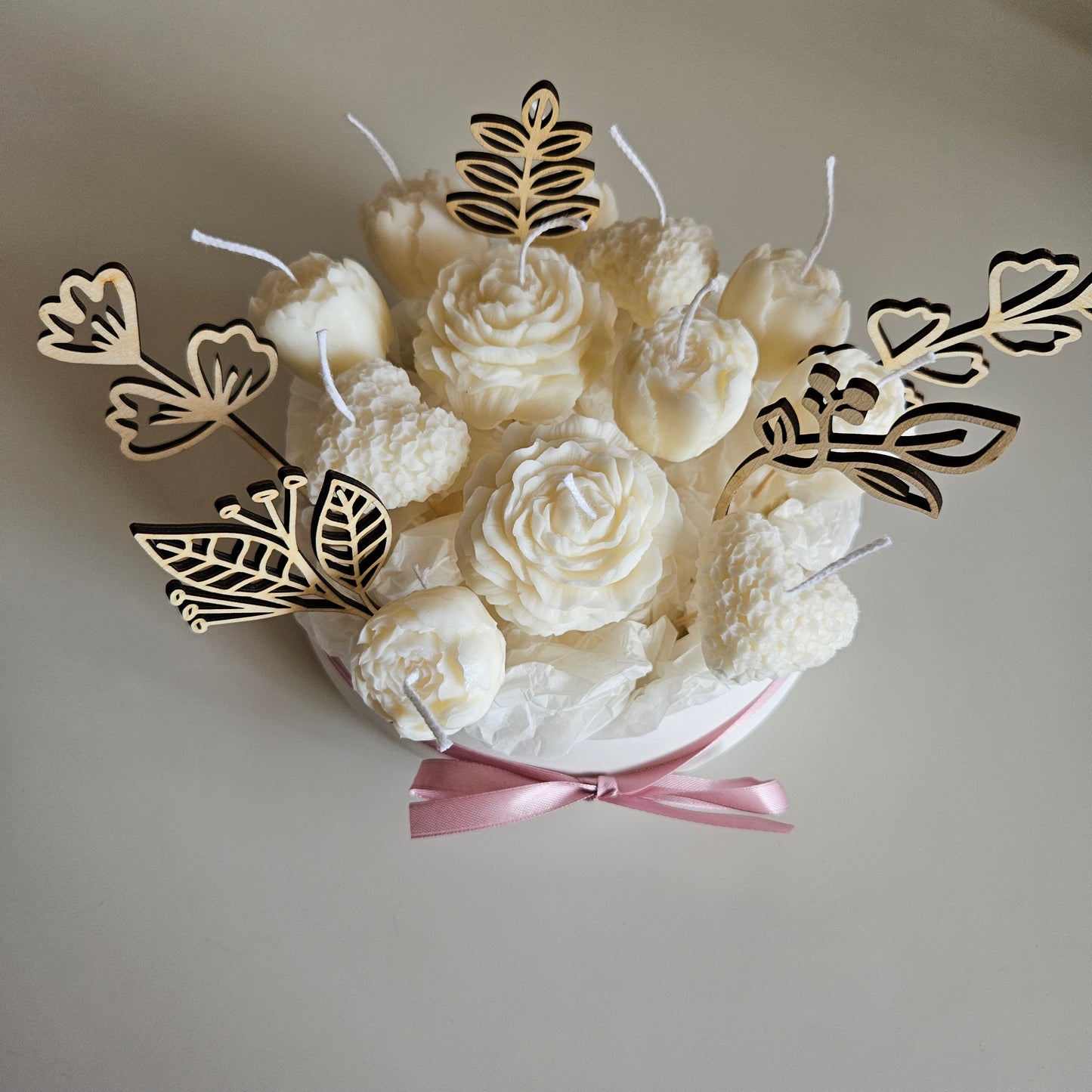 Candle flower bouquet in a plaster bowl peony and heart