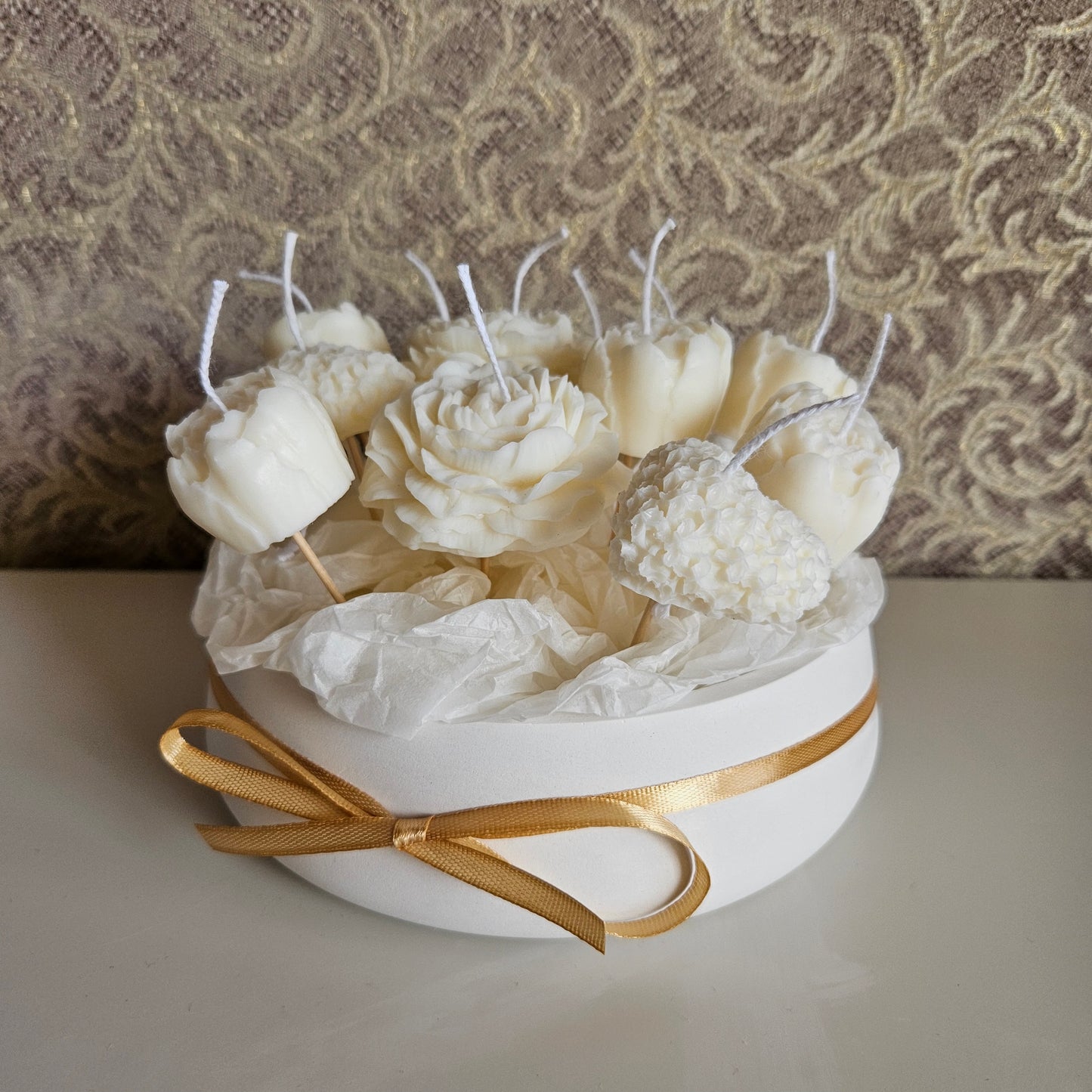 Candle flower bouquet in a plaster bowl peony and heart