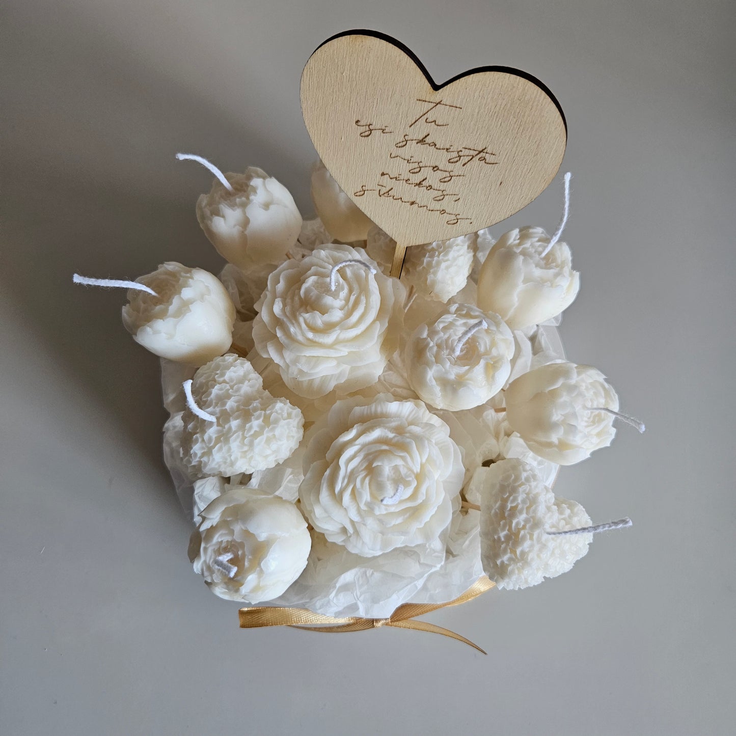 Candle flower bouquet in a plaster bowl peony and heart
