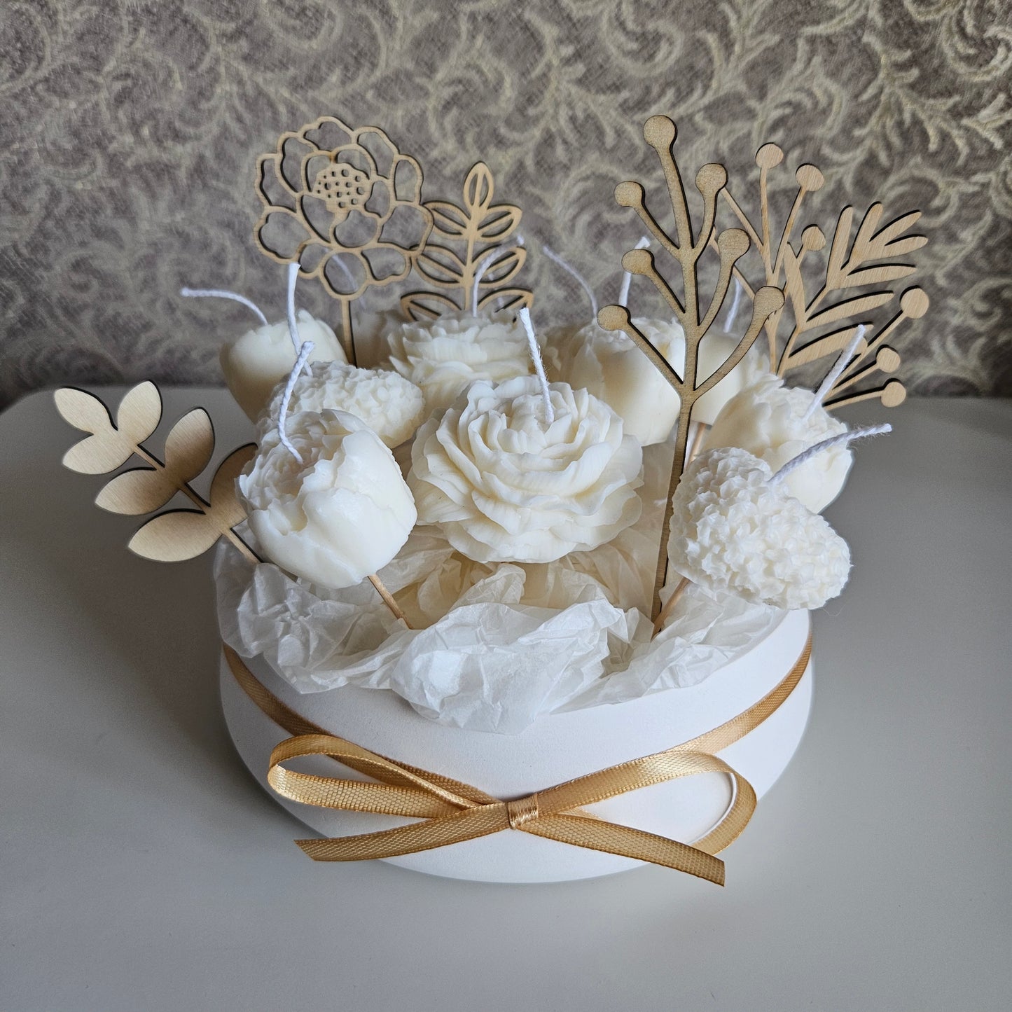 Candle flower bouquet in a plaster bowl peony and heart