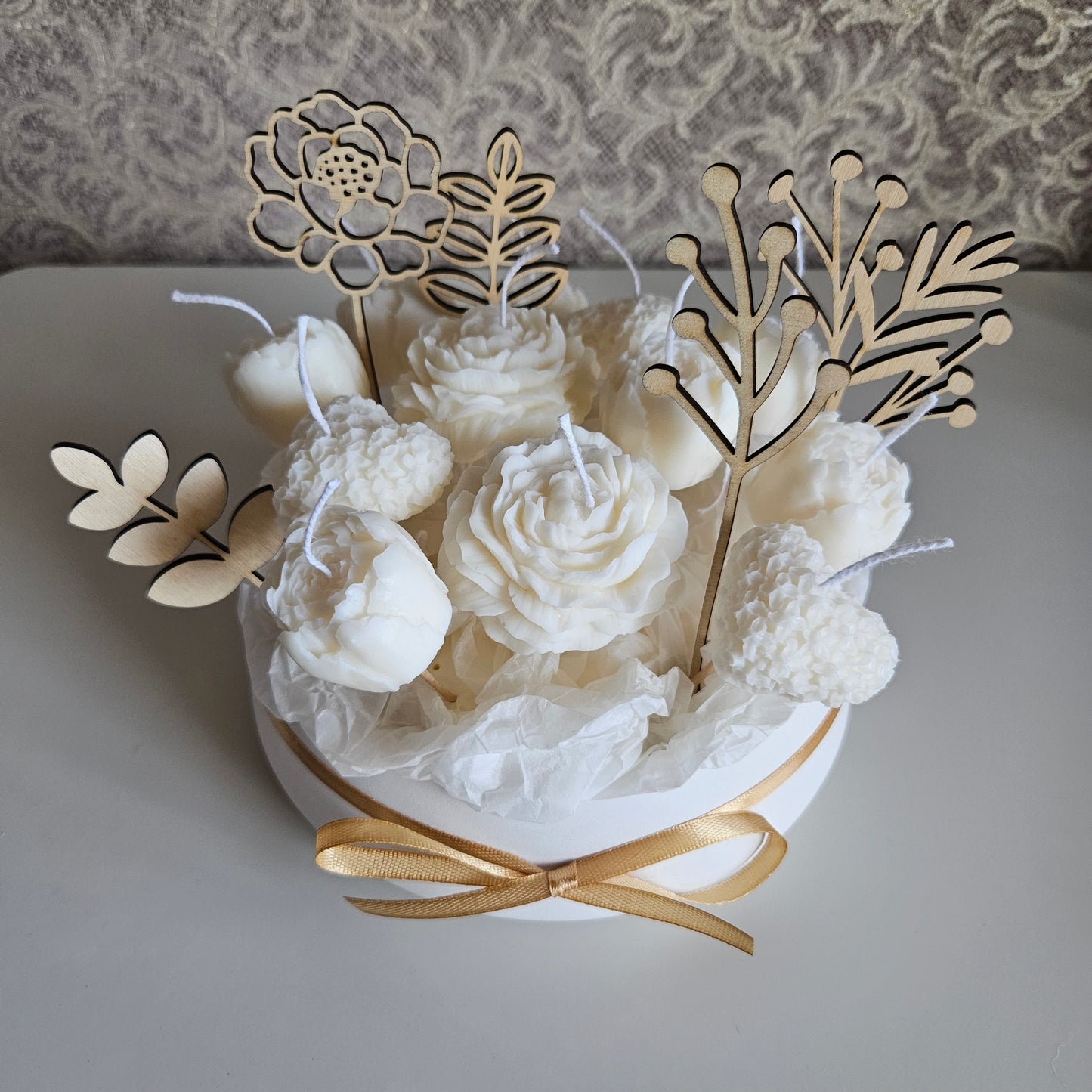 Candle flower bouquet in a plaster bowl peony and heart