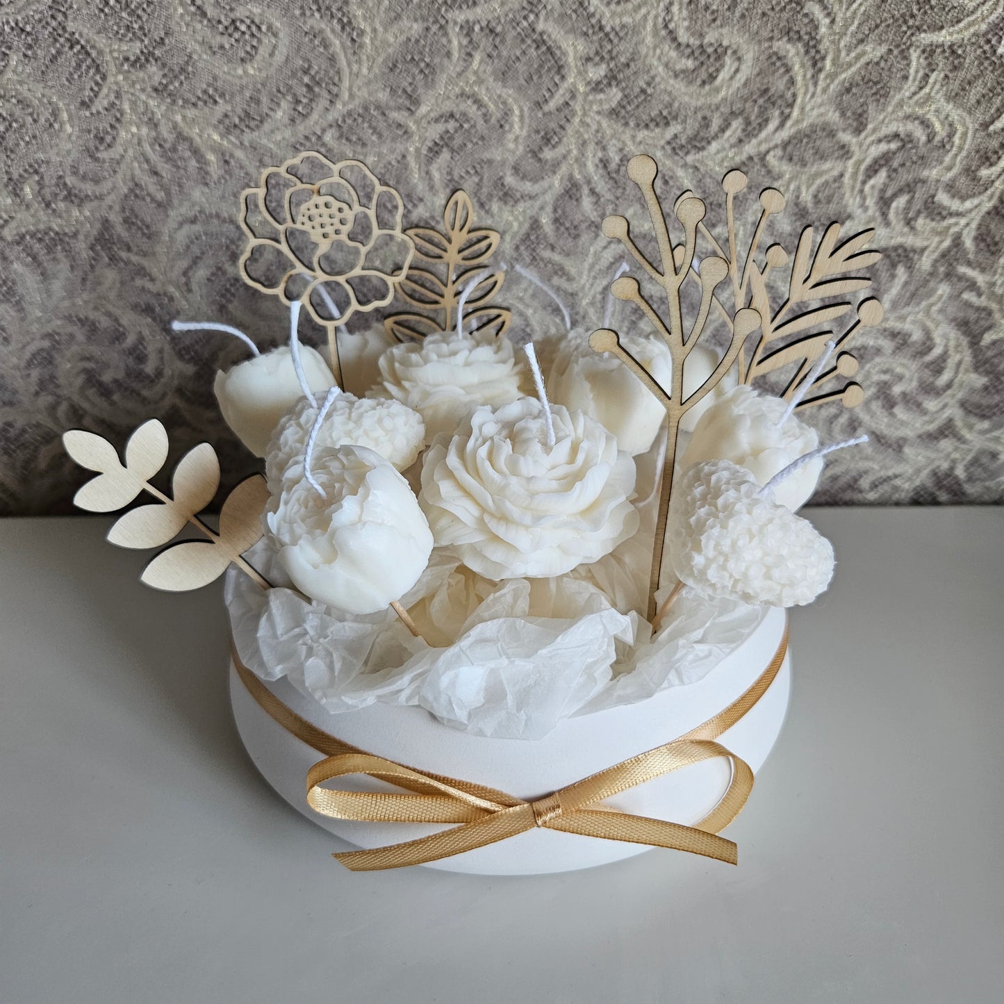 Candle flower bouquet in a plaster bowl peony and heart