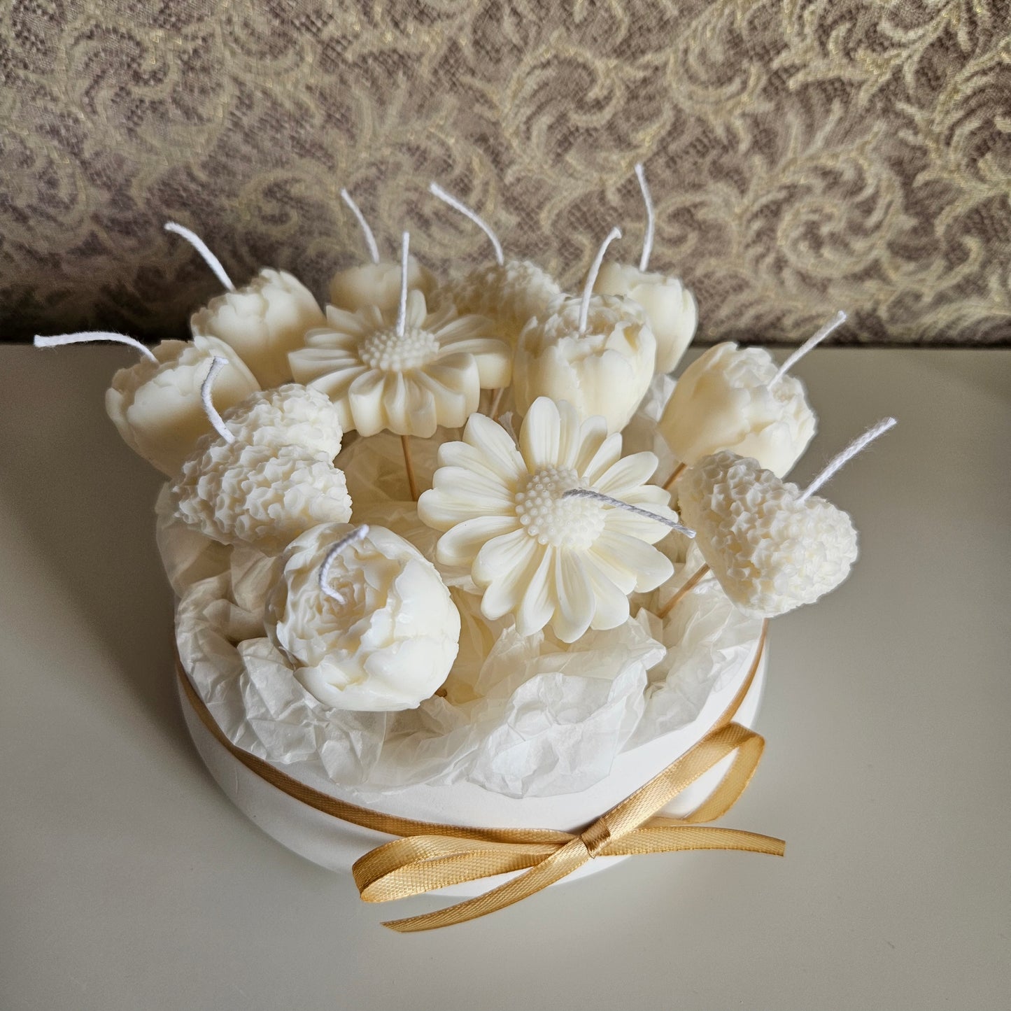 Candle flower bouquet in a plaster bowl peony, daisy and heart