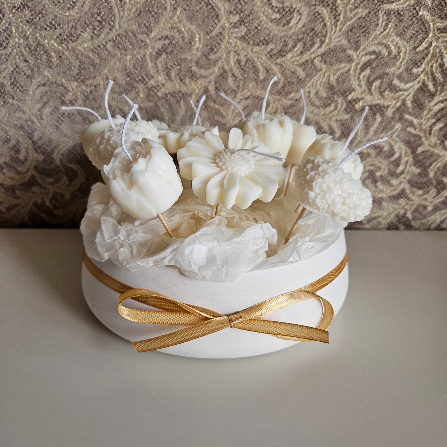 Candle flower bouquet in a plaster bowl peony, daisy and heart