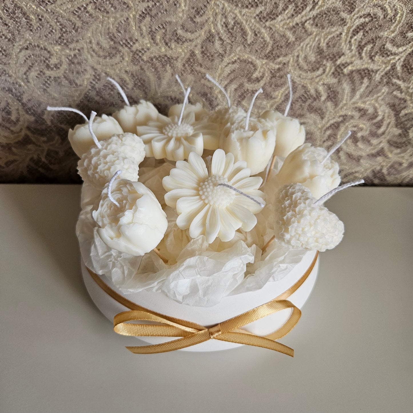 Candle flower bouquet in a plaster bowl peony, daisy and heart
