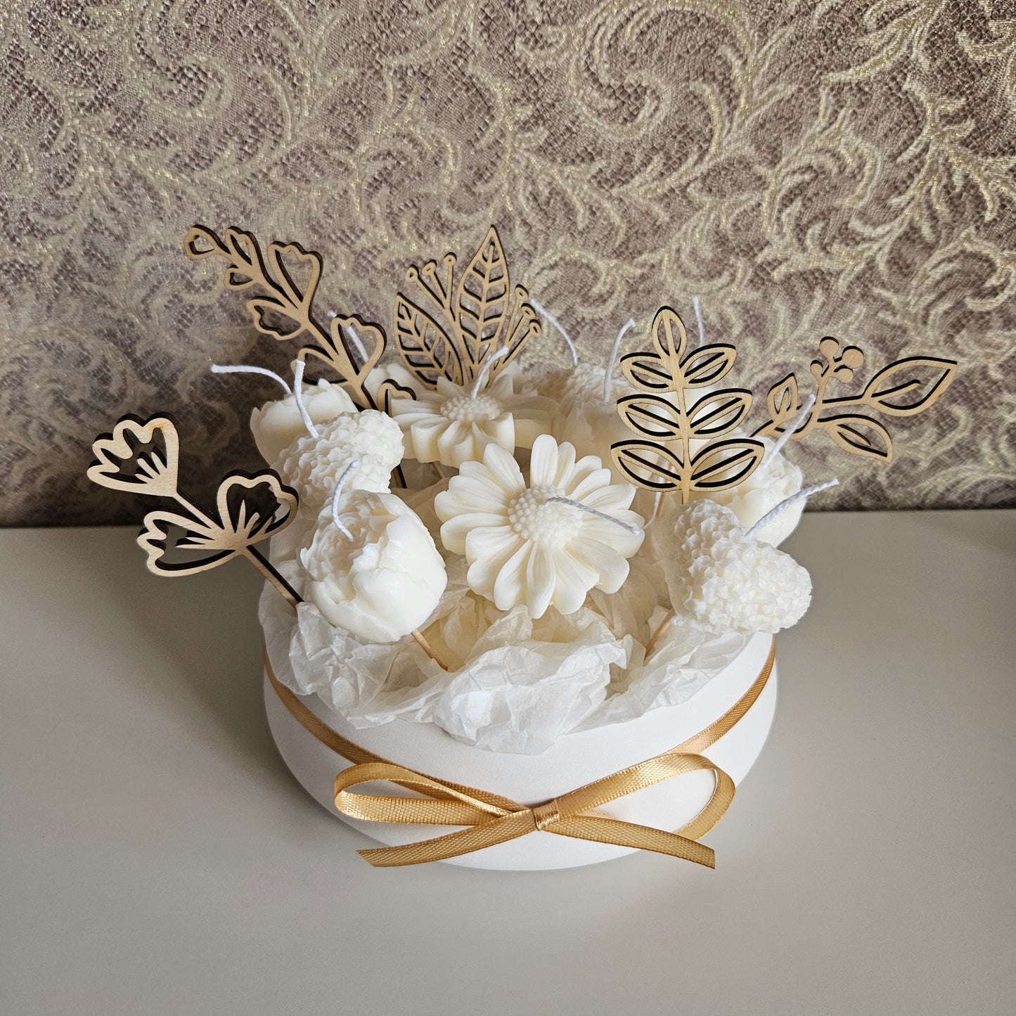 Candle flower bouquet in a plaster bowl peony, daisy and heart