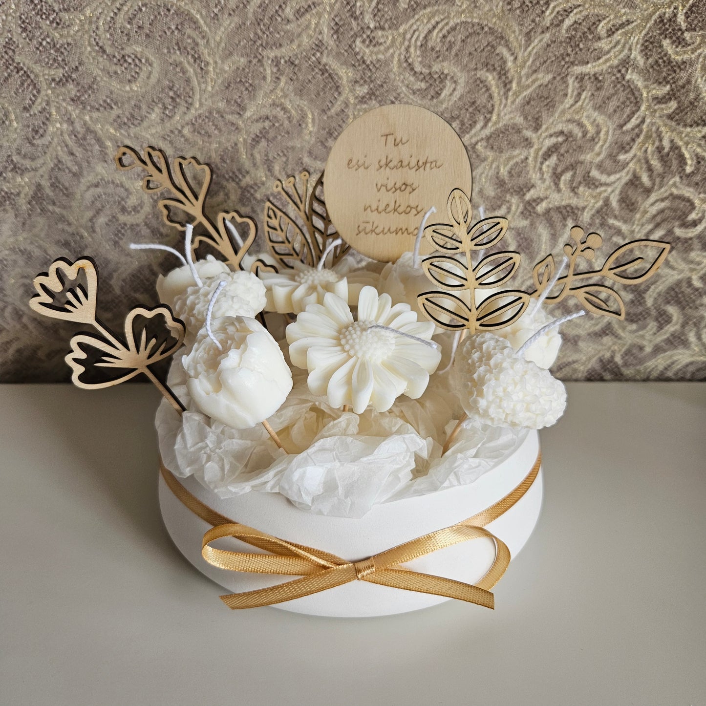 Candle flower bouquet in a plaster bowl peony, daisy and heart